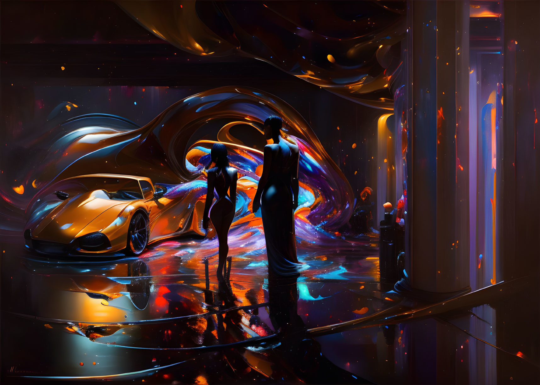 Abstract art-style futuristic scene with human silhouettes and sports car