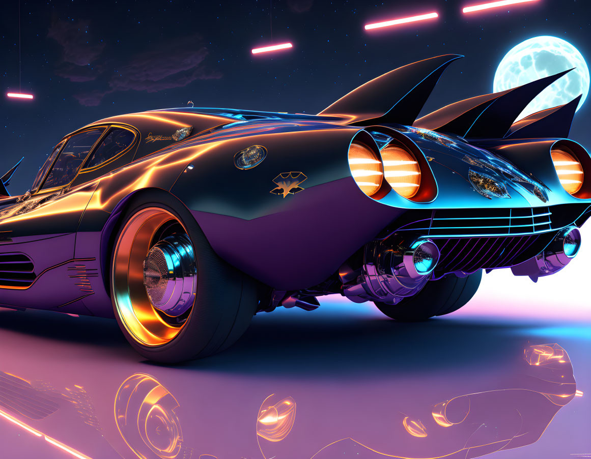 Futuristic purple car with sleek fins and glowing wheels under neon-lit sky