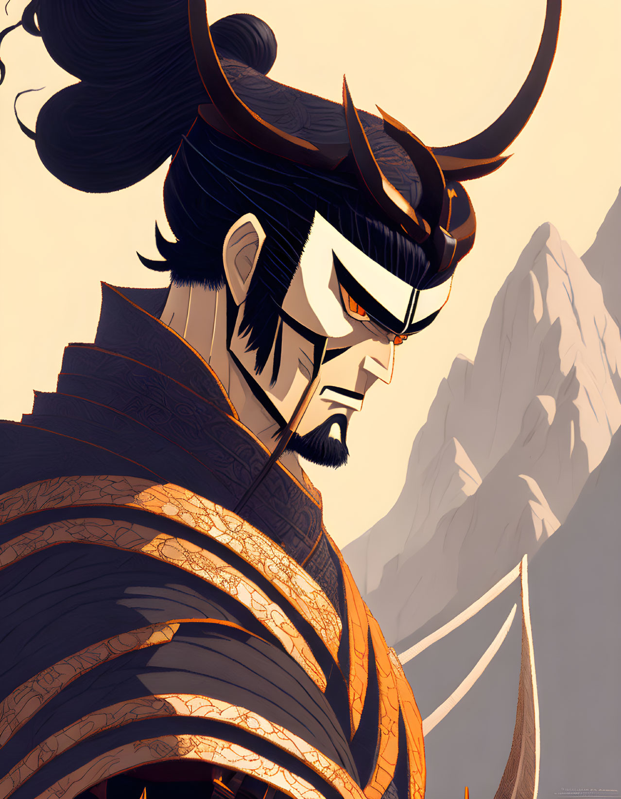 Armored warrior with horns and black topknot in mountain setting