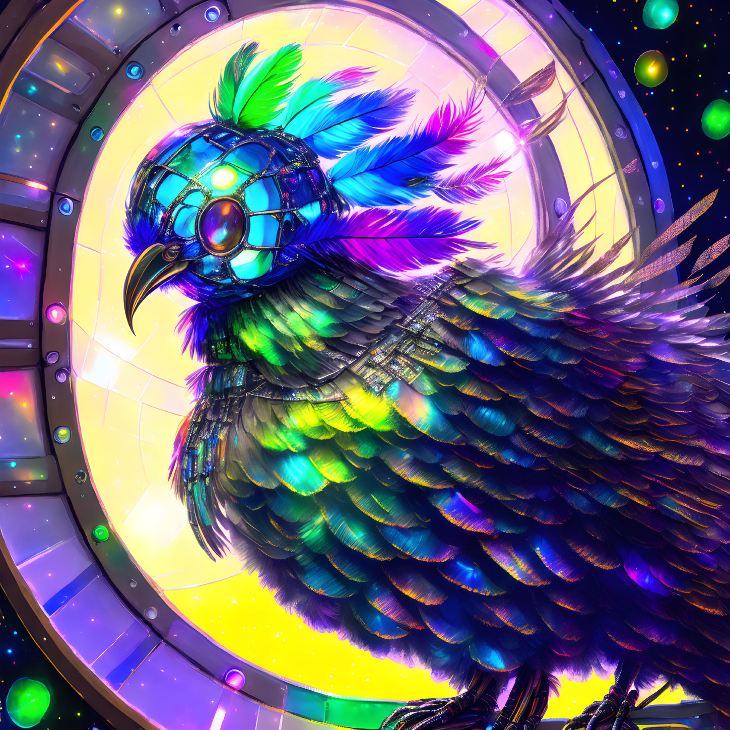 Colorful bird with iridescent feathers on cosmic background