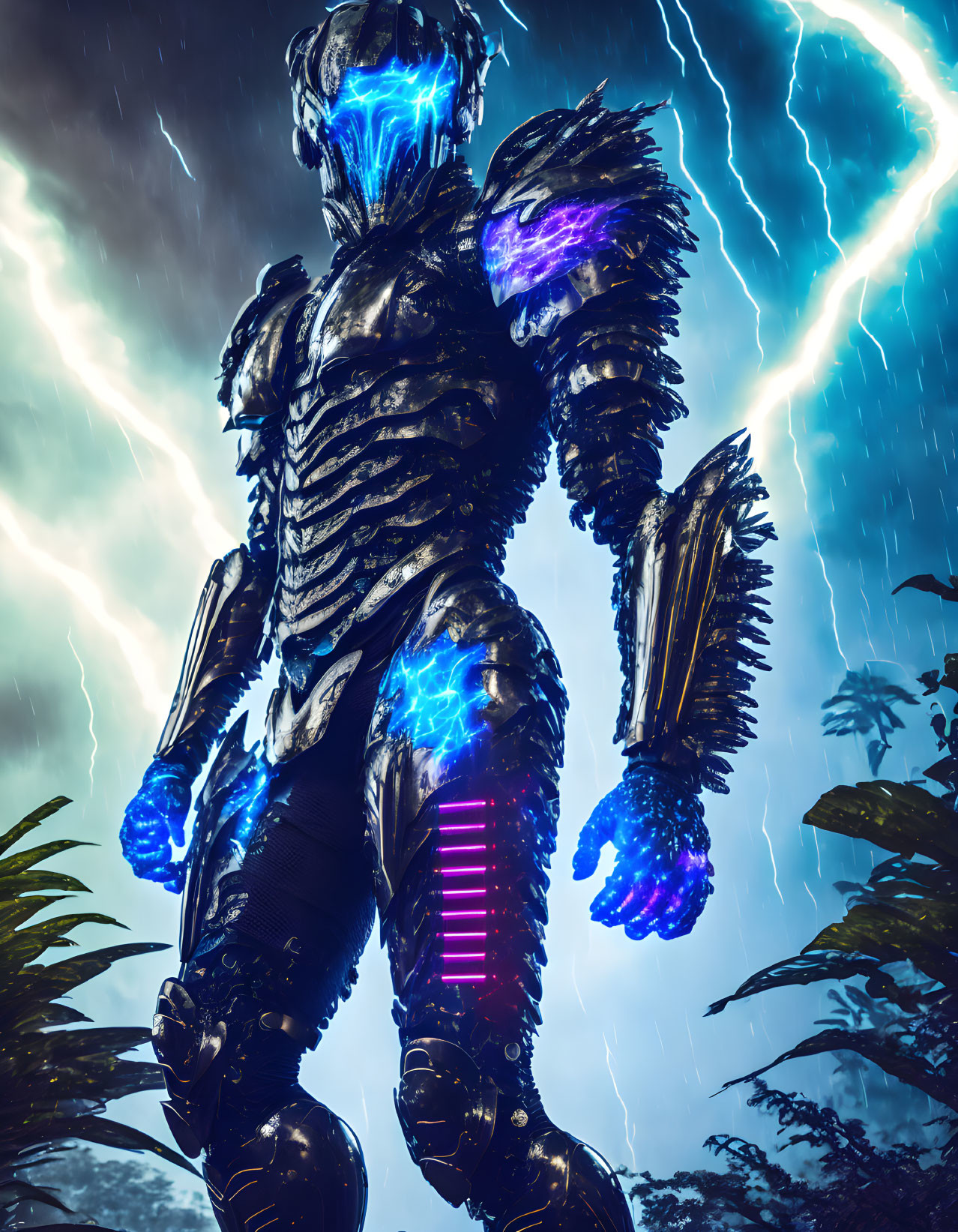 Glowing blue armored figure in stormy jungle landscape