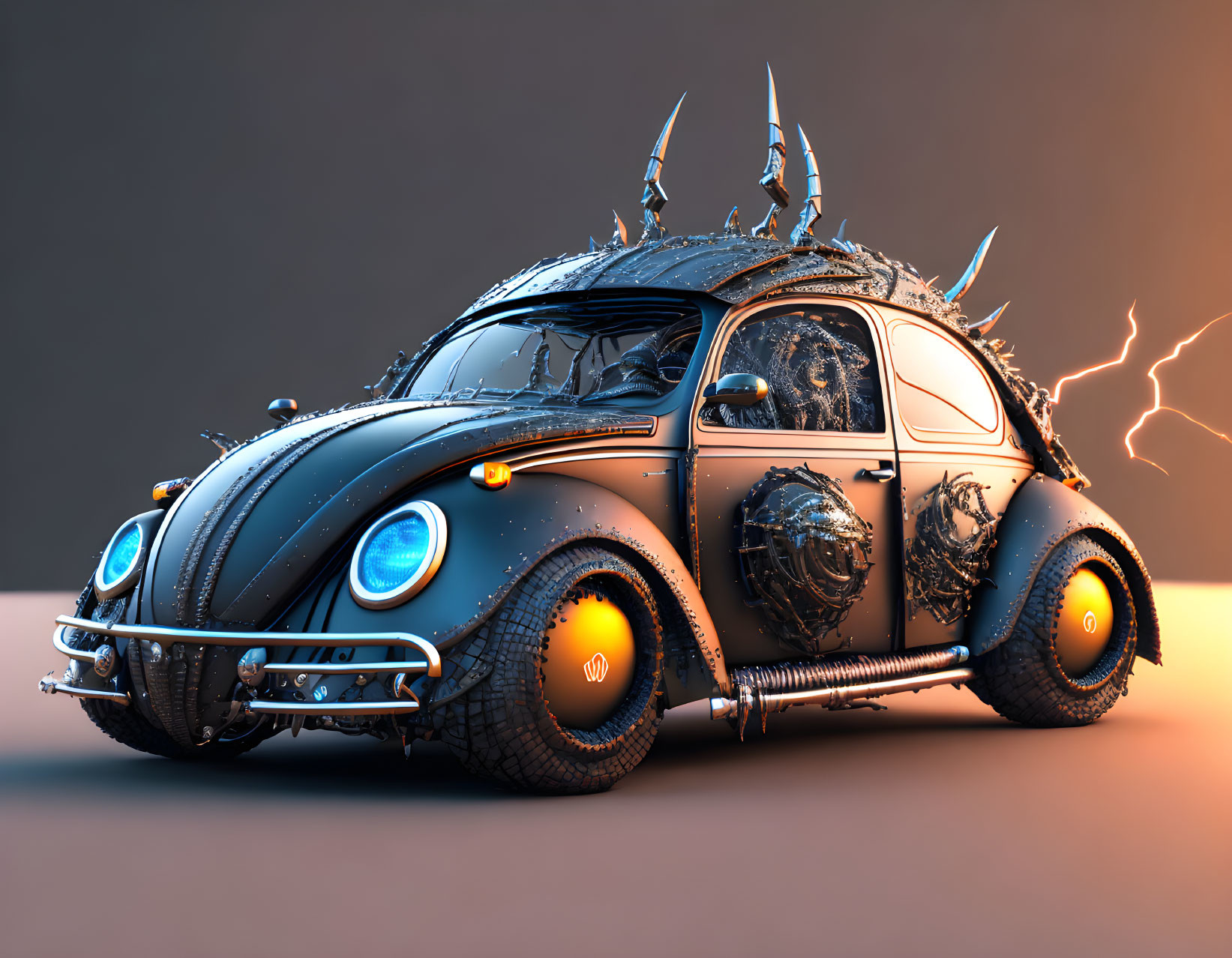 Customized Volkswagen Beetle with metal spikes and electrifying details on orange gradient.