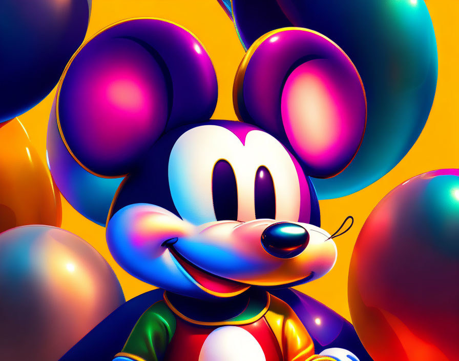 Colorful Mickey Mouse close-up with glossy balloons in the background