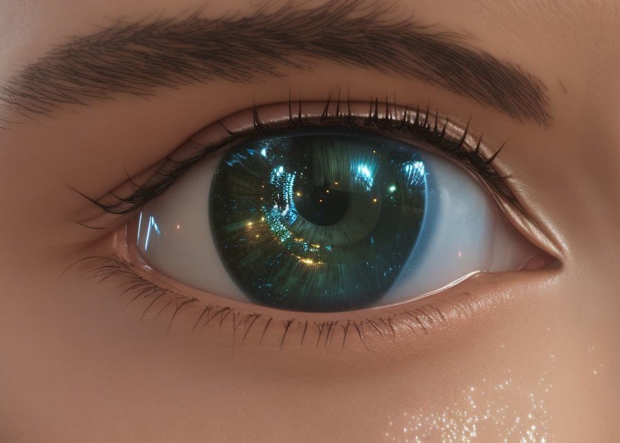 Detailed human eye with iris, eyelashes, and reflections captured up close