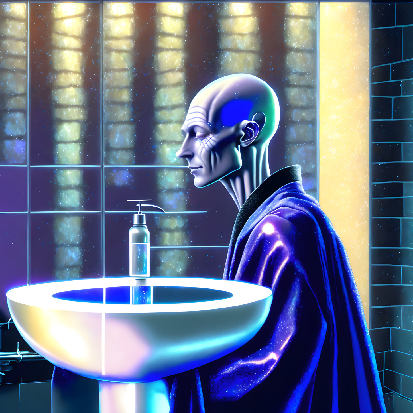 Transparent-headed humanoid with visible brain in futuristic setting