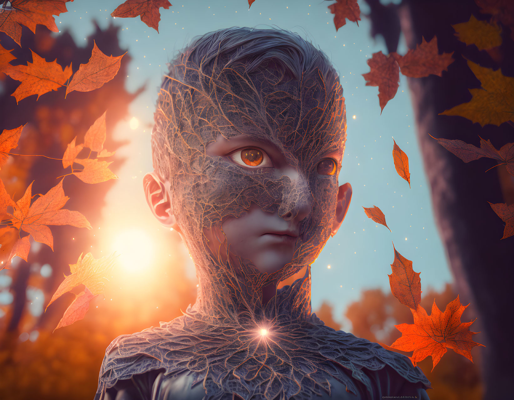 Digital artwork: humanoid figure with leaf-like skin patterns & autumn leaves in warm, sunlit backdrop