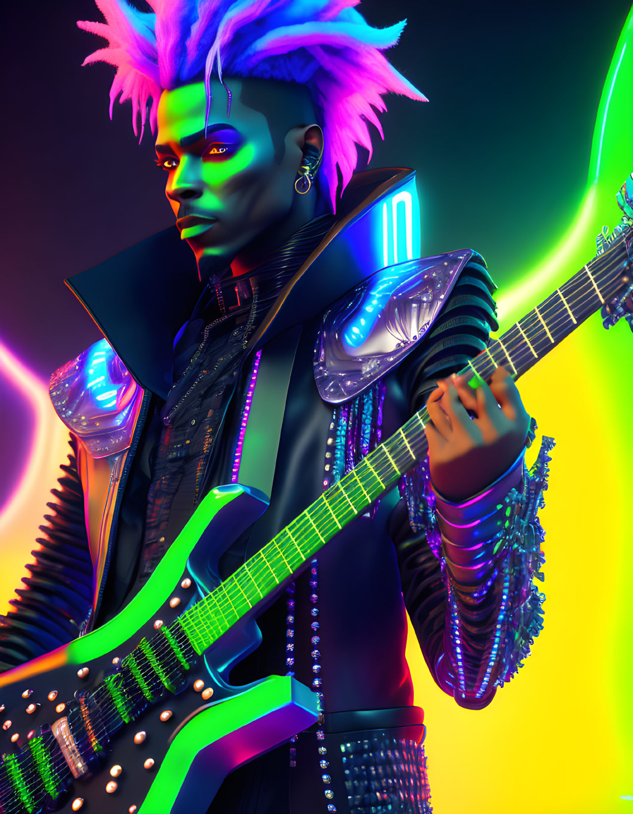 Futuristic character with neon hair playing electric guitar in cyberpunk setting