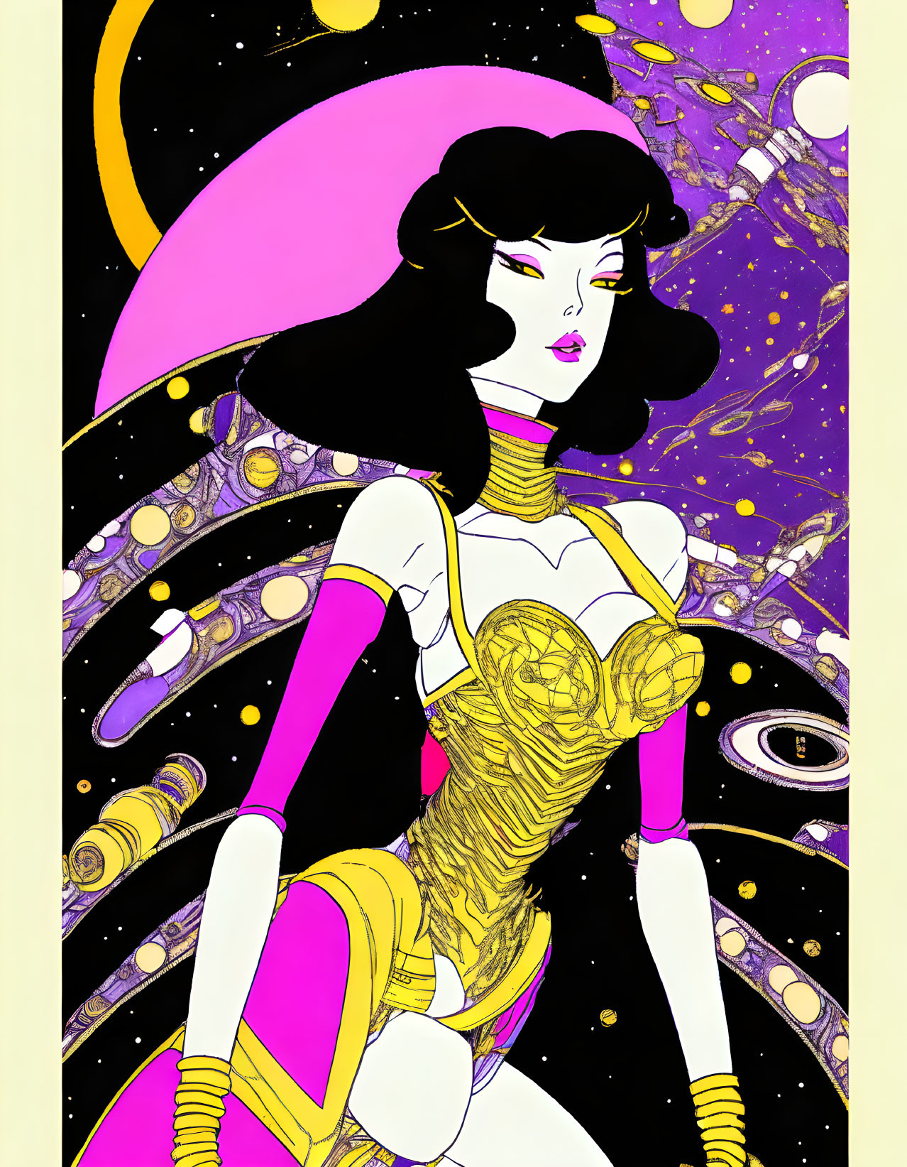 Futuristic woman in white and yellow outfit with pink planet and spacecrafts