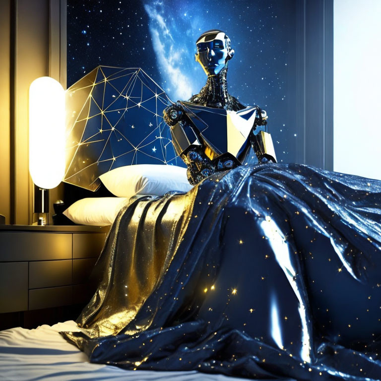 Golden Blanket Humanoid Robot Reading Book in Modern Bedroom