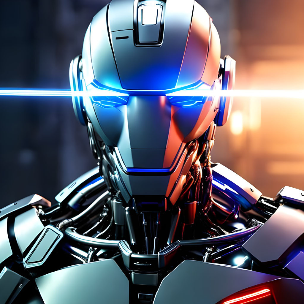 Detailed futuristic robot with metallic face and glowing blue eyes on blurred background