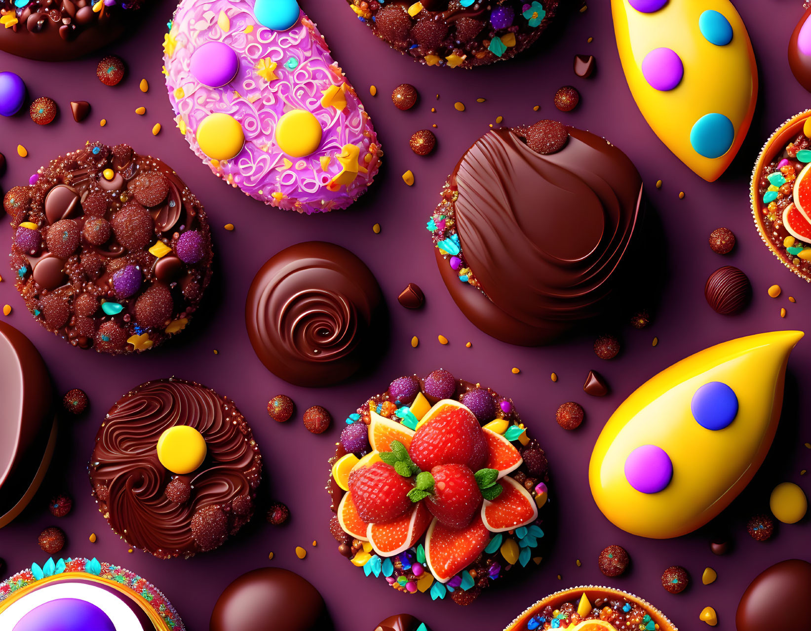 Assortment of Colorful Easter Confections with Chocolate Eggs and Fresh Strawberries