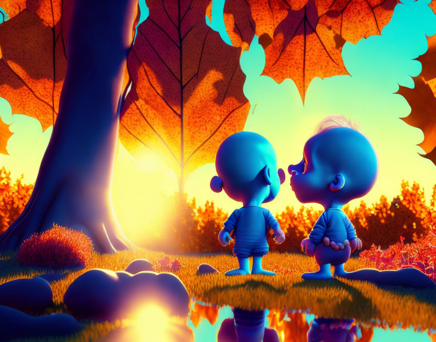 Animated babies in vibrant autumnal scene with sunset glow.