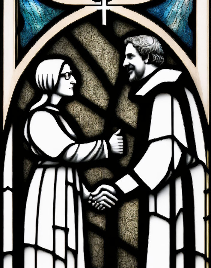 Stained glass window with male and female figures in clasped hands.