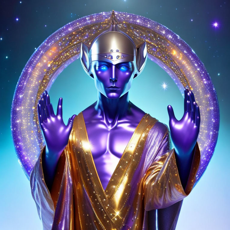 Blue-skinned mystical being in silver helmet and golden robe with celestial halo on starry backdrop