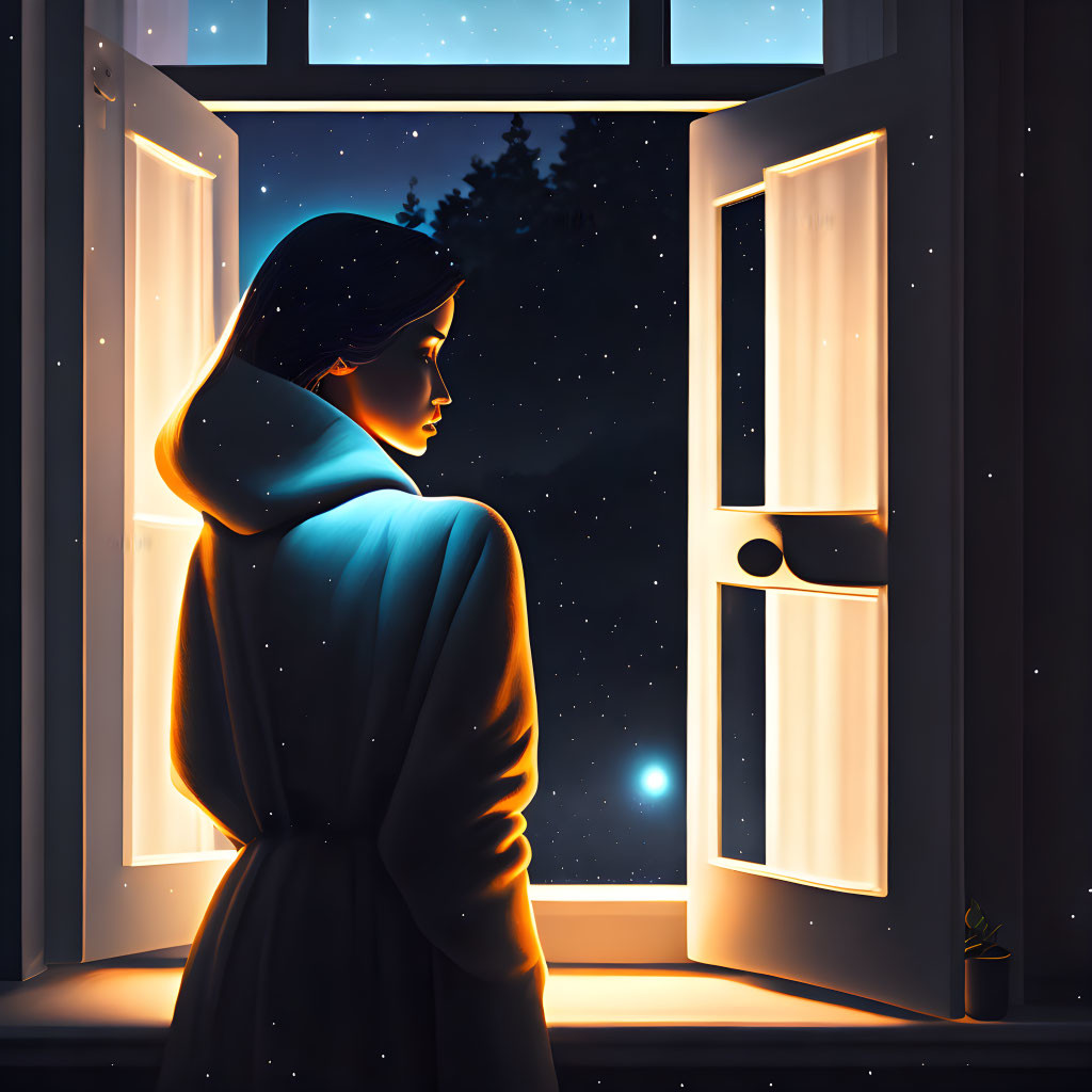 Person in Blue Cloak Contemplates Night Sky Through Open Window