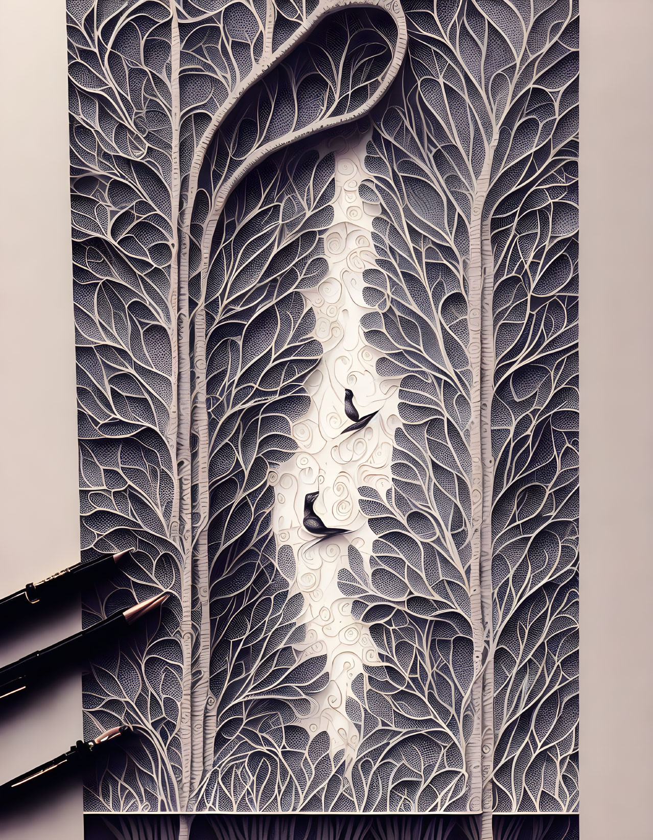 Intricate Paper Art with Layered Cut-Out Leaves and Miniature Silhouettes