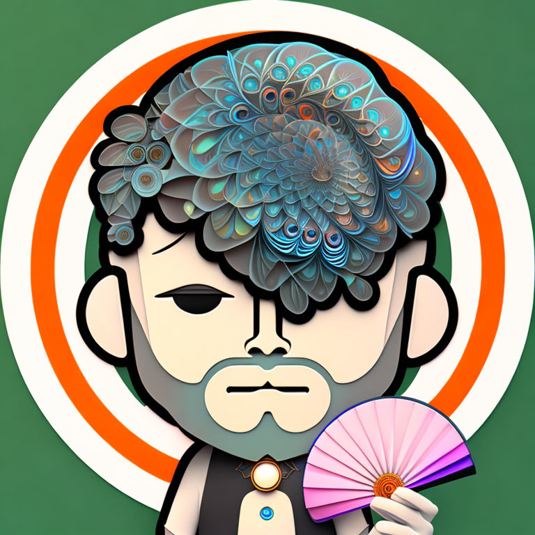 Stylized man with peacock feather headdress and pink fan on green background