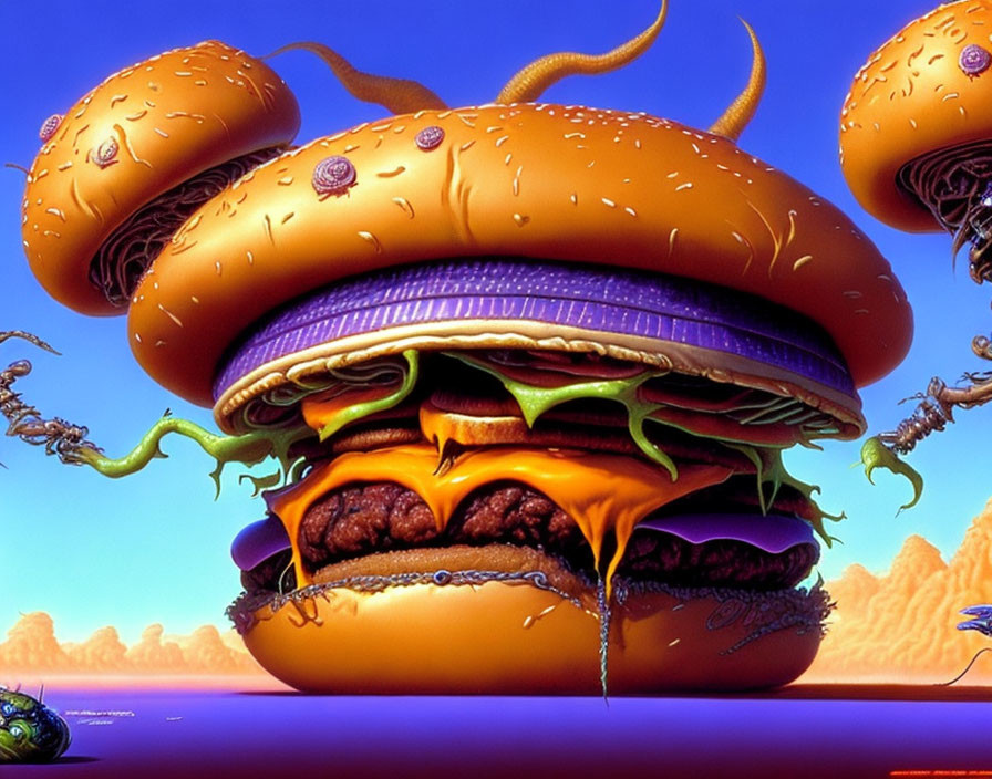 Surreal giant hamburger with tentacles in desert landscape