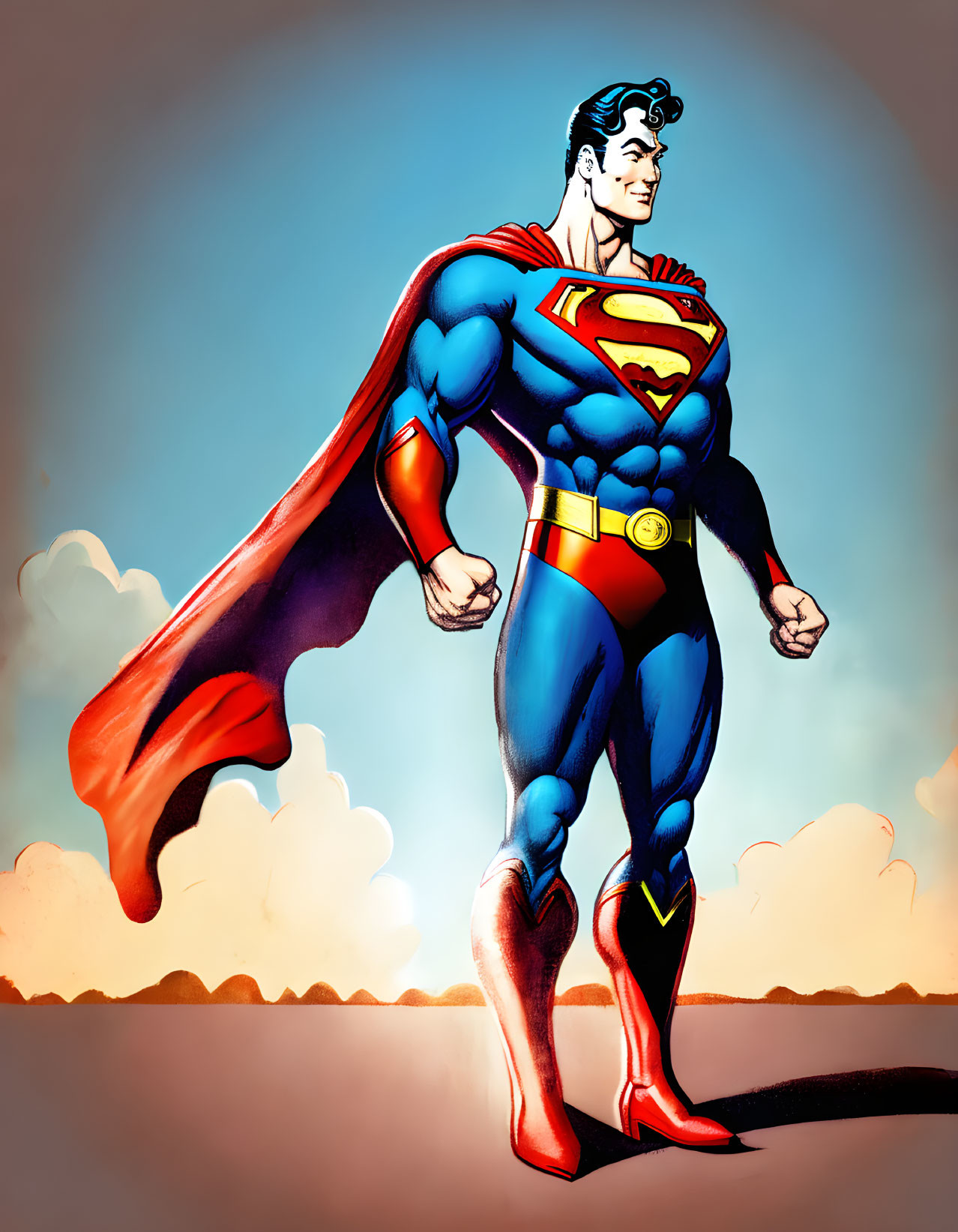 Muscular superhero in blue suit with red cape and emblem, standing confidently on light background