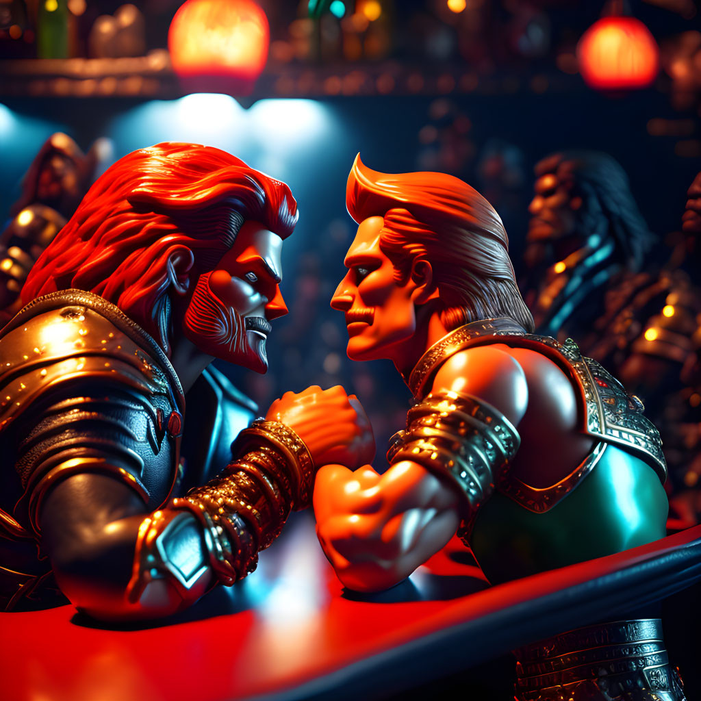 Muscular figures arm wrestling in neon-lit setting