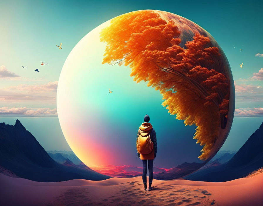 Backpacker observing surreal desert landscape with giant planet and autumn trees