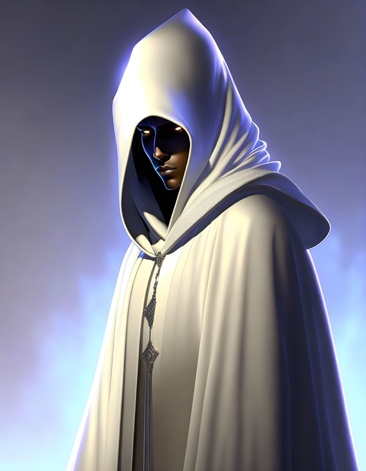 3D Rendering of Figure in White Hooded Cloak with Golden Eyes