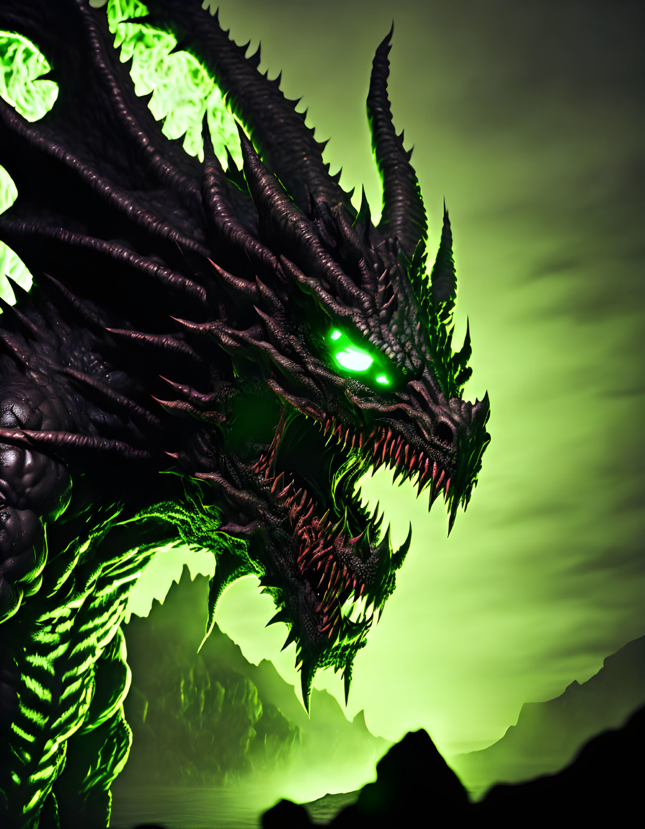 Black Dragon with Glowing Green Eyes in Misty Terrain