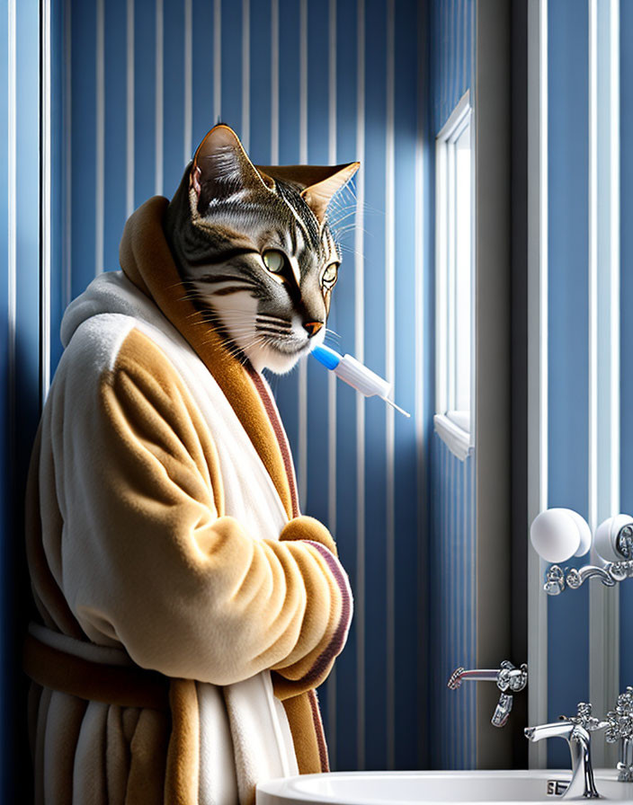 Cat in robe with toothbrush by sink in bathroom setting