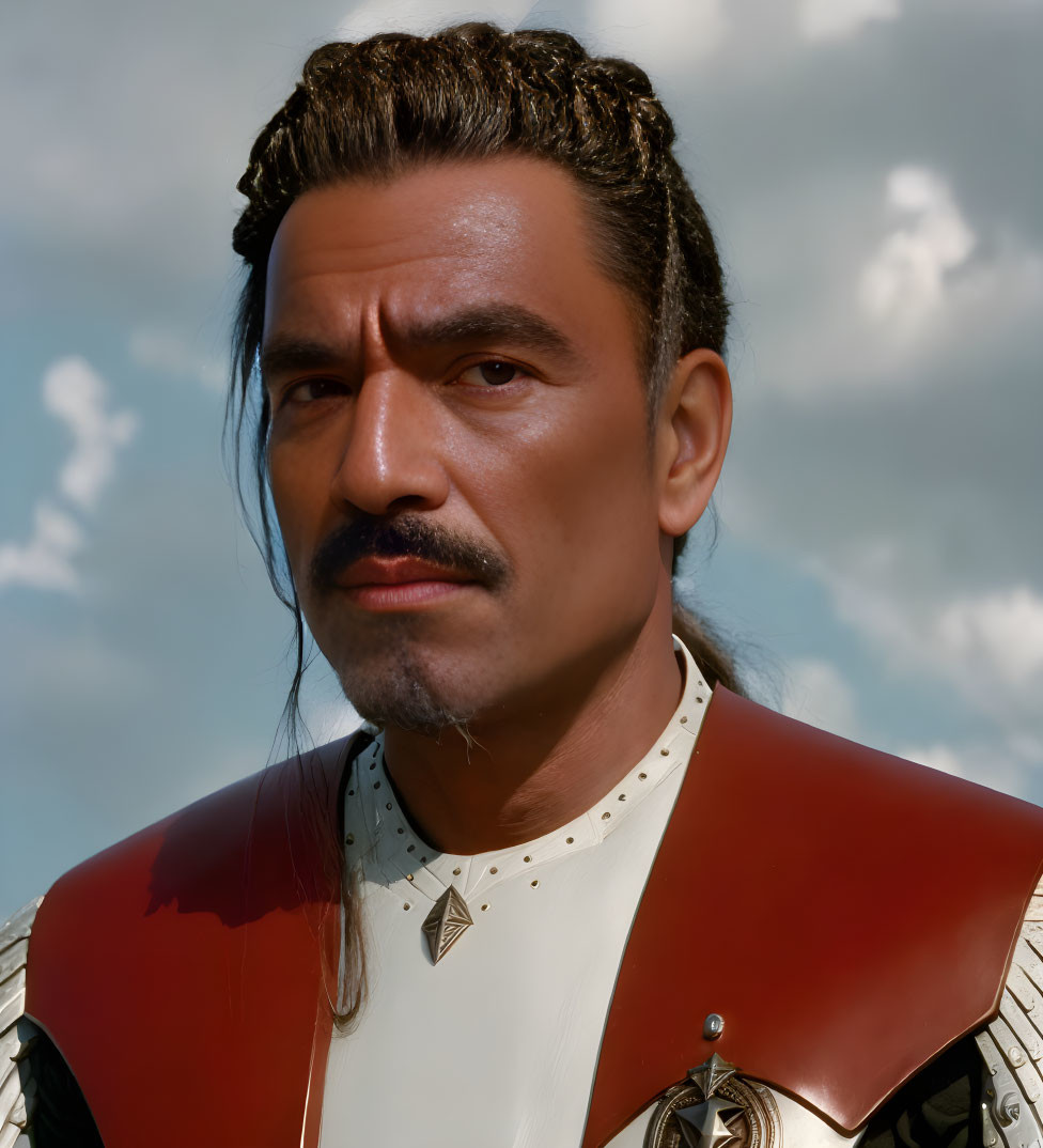 Medieval armored man with styled mustache and braided hair under cloudy sky