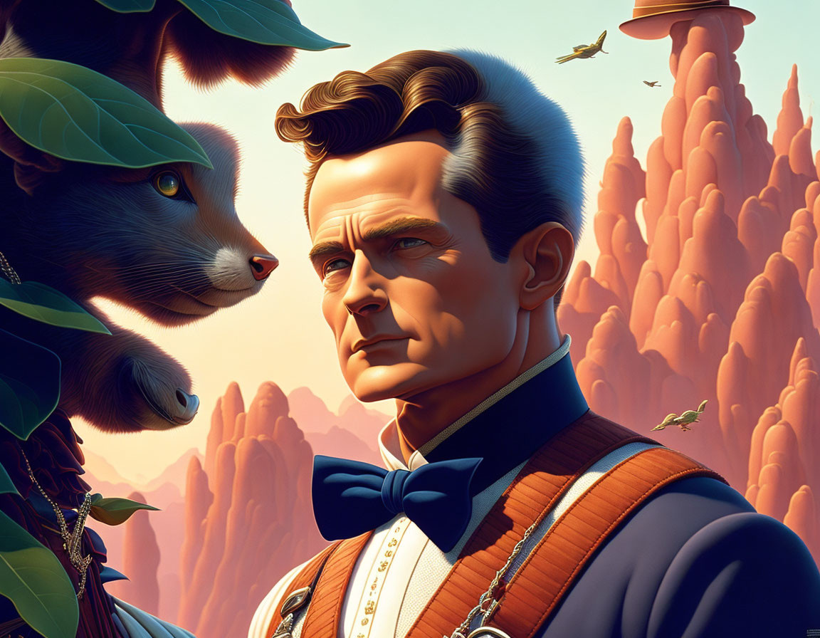 Illustration of man with blue bow tie and cat in nature scene