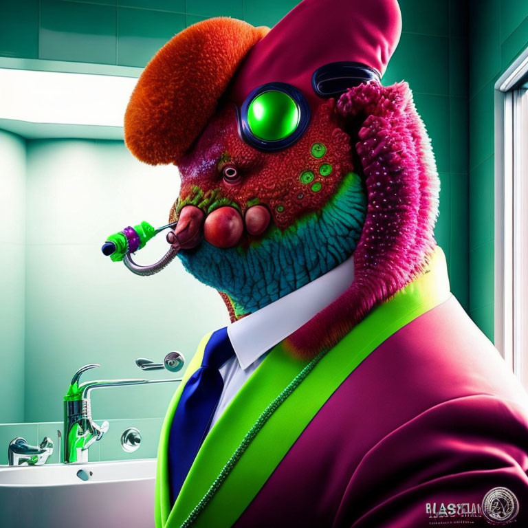 Colorful anthropomorphic creature in suit and goggles at bathroom sink