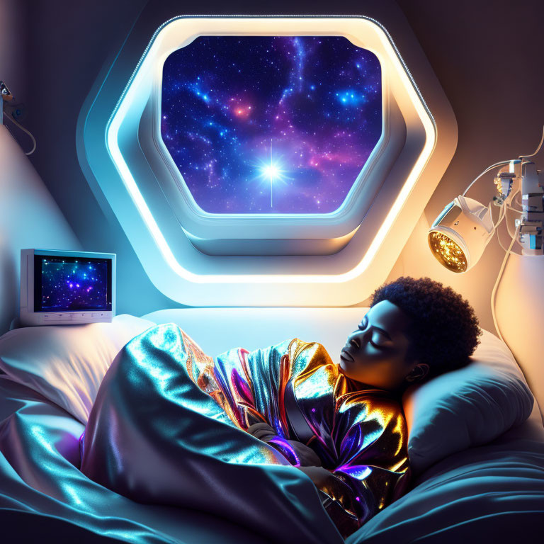 Person Sleeping in Futuristic Room with Starry Cosmos Window