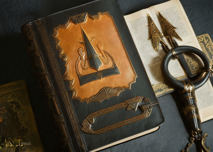 Vintage key and handwritten notes beside ornate leather-bound book