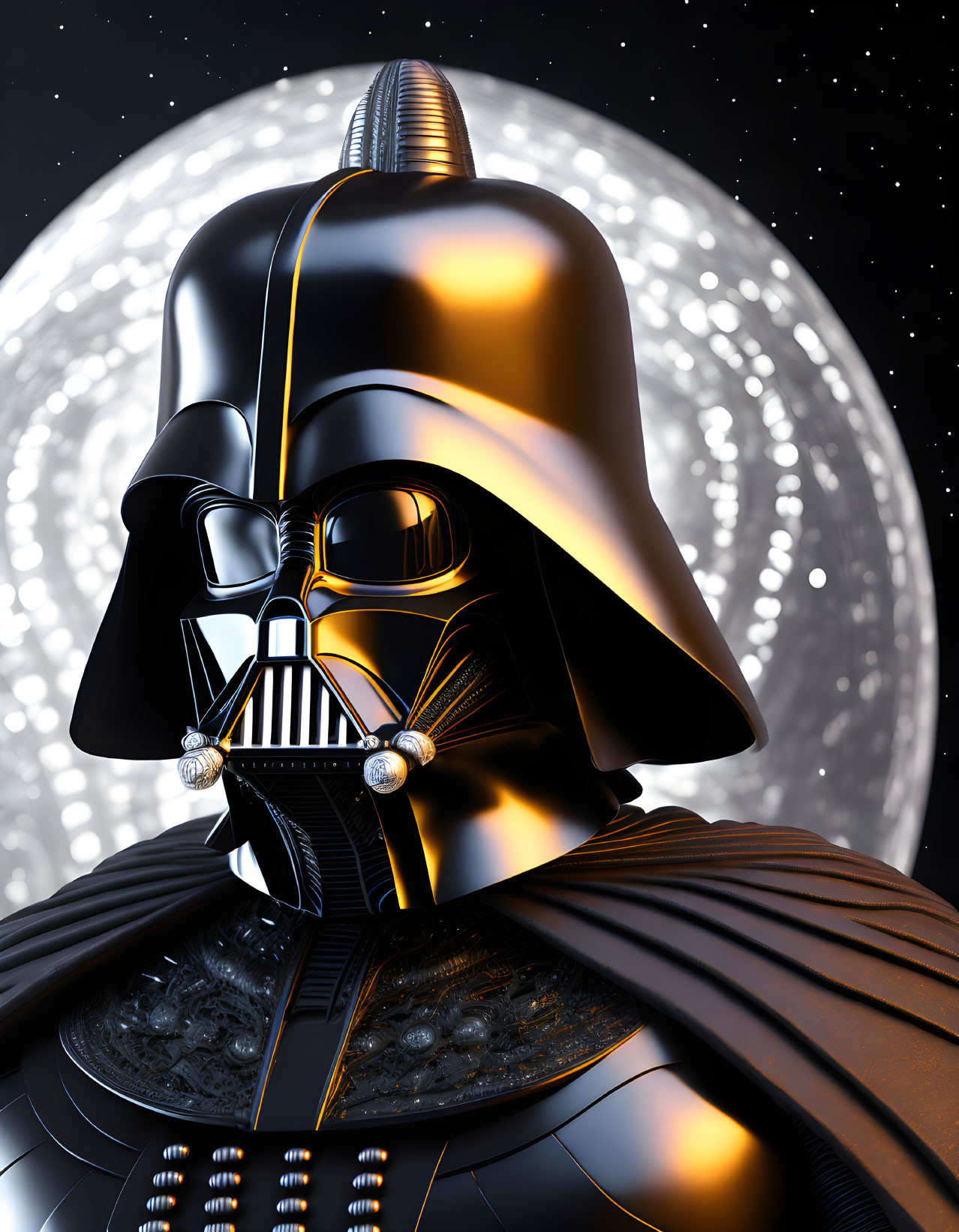 Detailed Darth Vader illustration with reflective helmet against moon and stars.