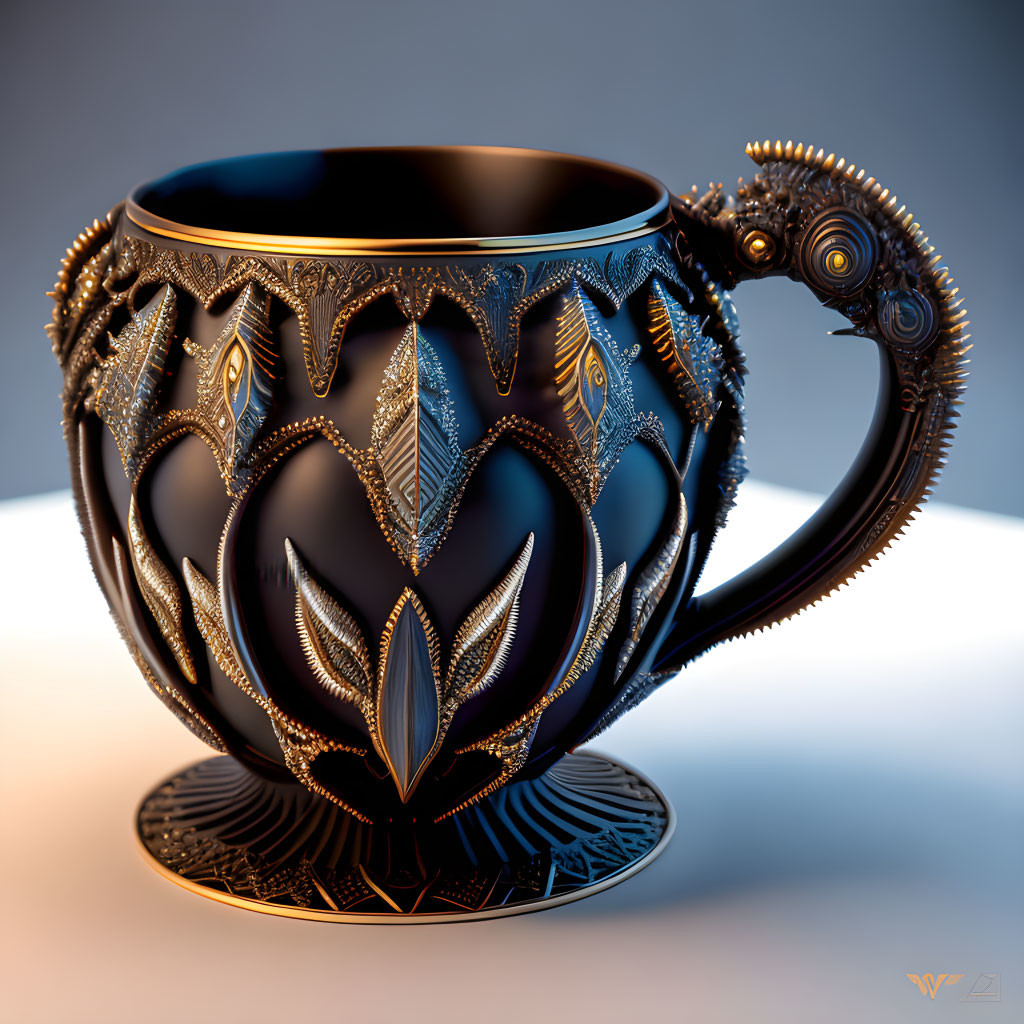 Black and Gold Heart and Leaf Design Cup and Saucer on Gradient Background