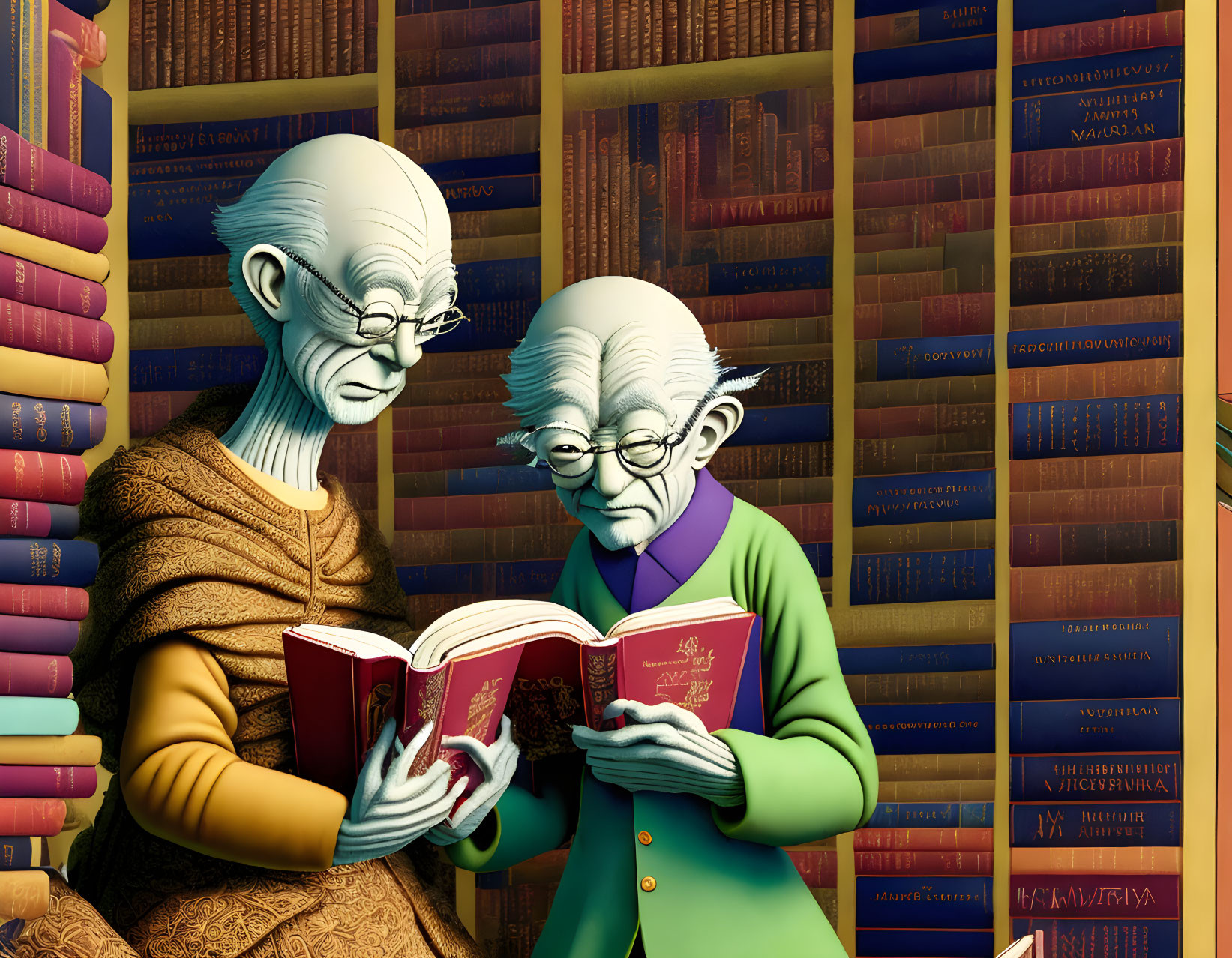 Stylized elderly characters reading in library setting