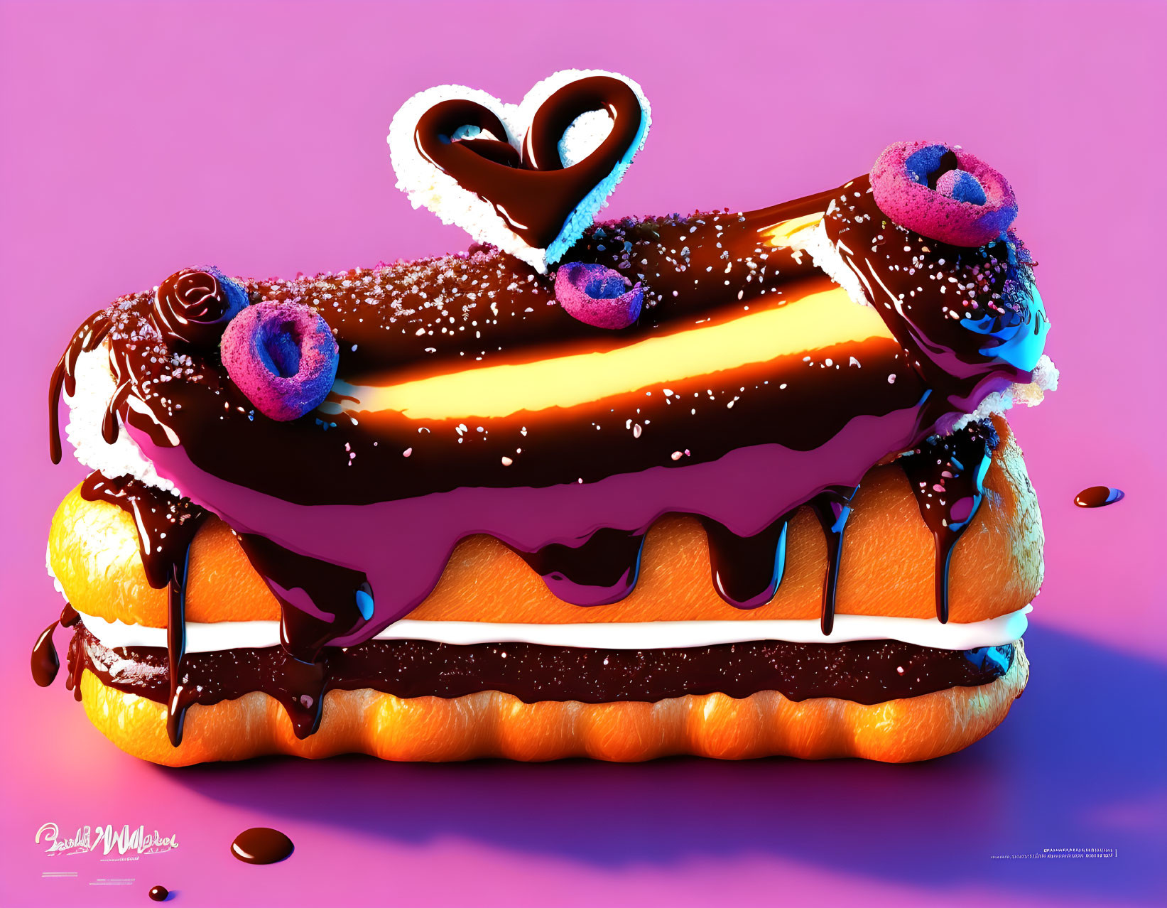 Colorful Stylized Eclair with Chocolate Glaze on Pink Background