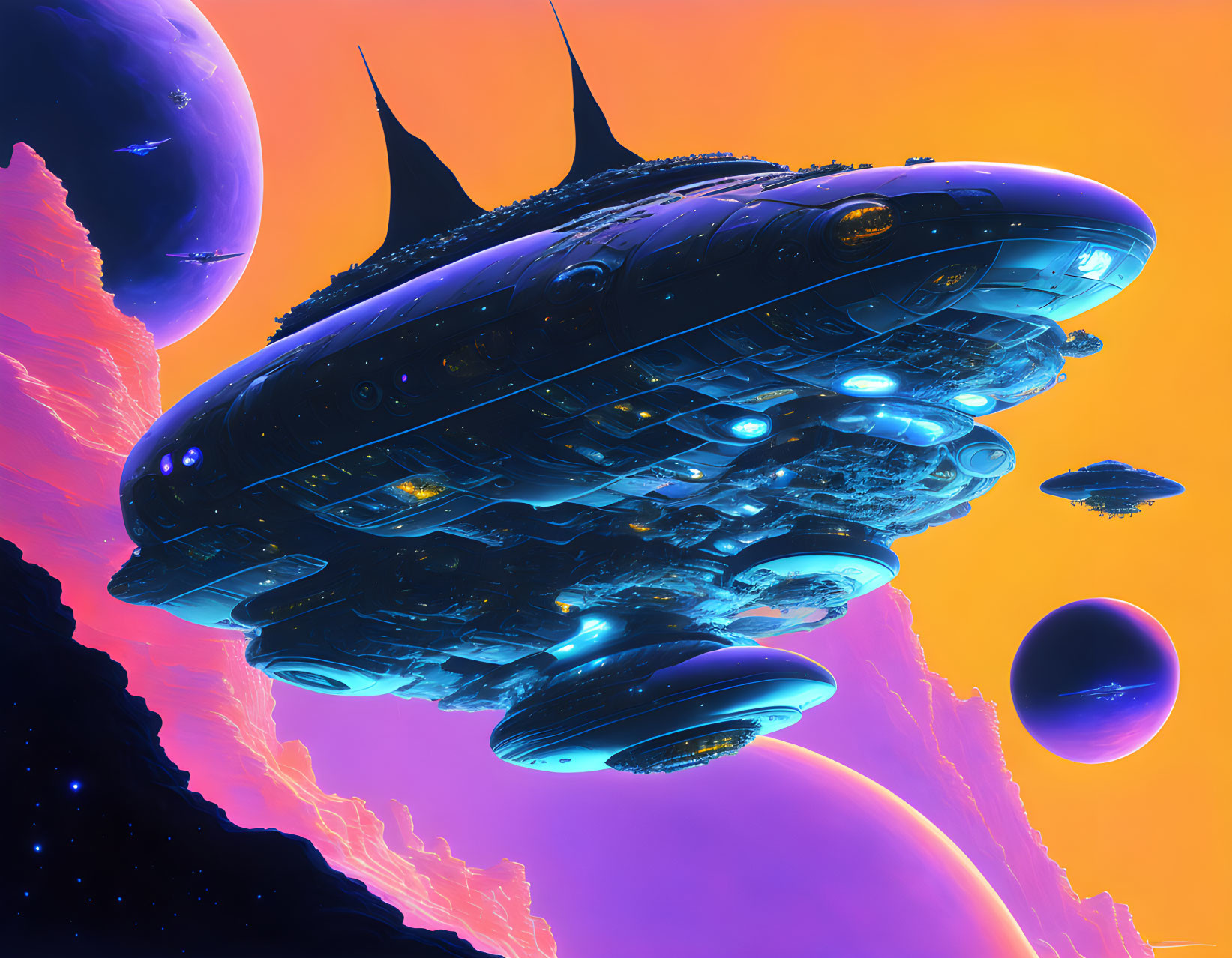 Futuristic spaceship above colorful alien landscape