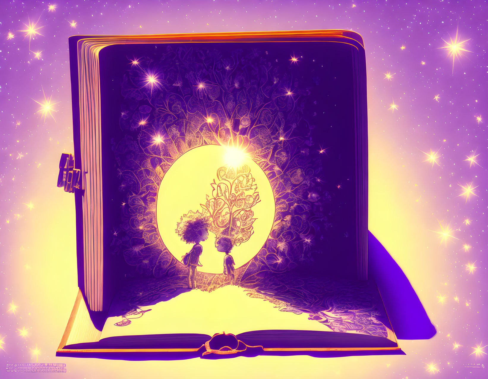 Open book emitting bright light illuminating children silhouettes under tree.