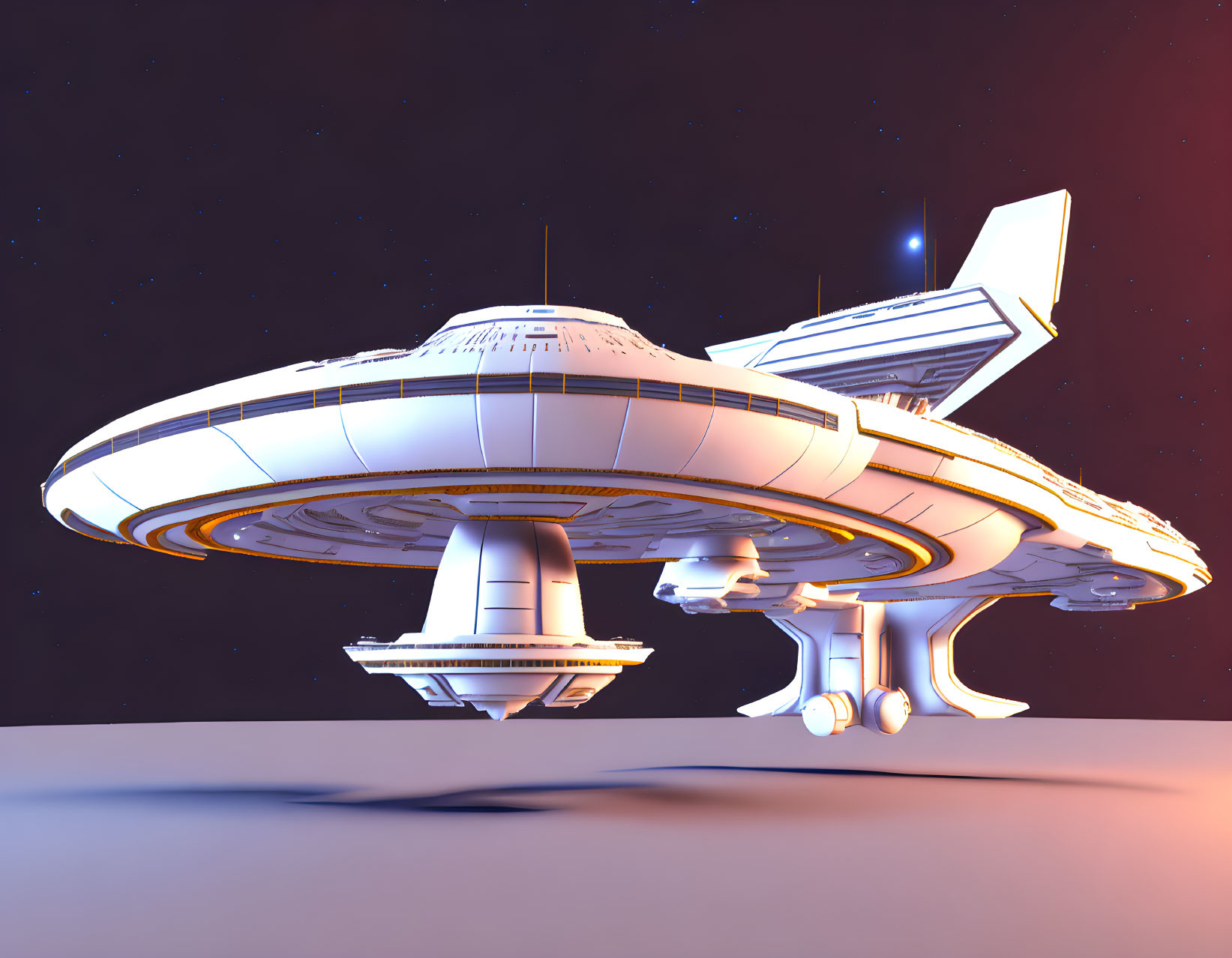 Futuristic saucer spaceship on plain with purple sky