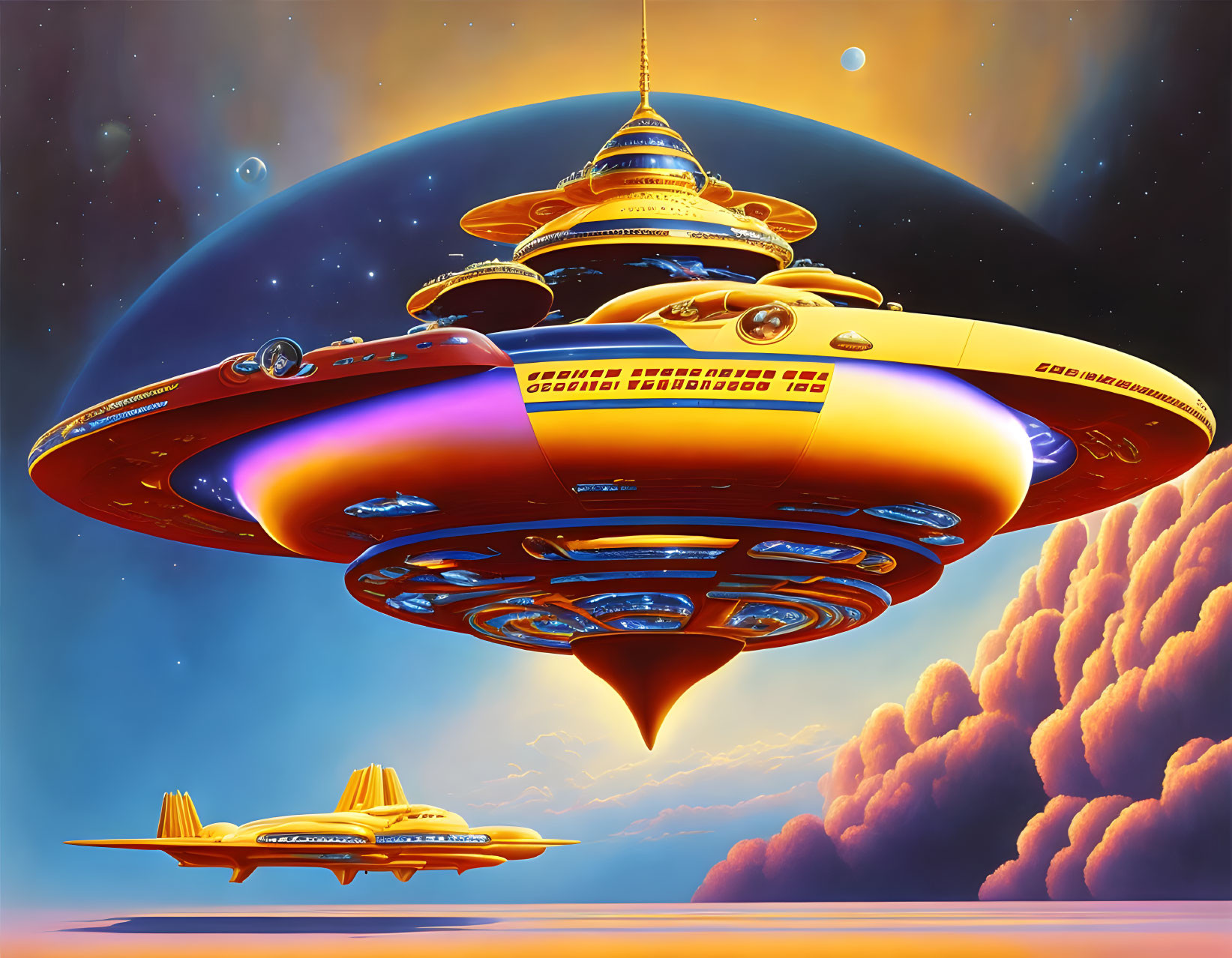 Detailed sci-fi illustration: large spaceship above clouds with smaller craft in orange sky