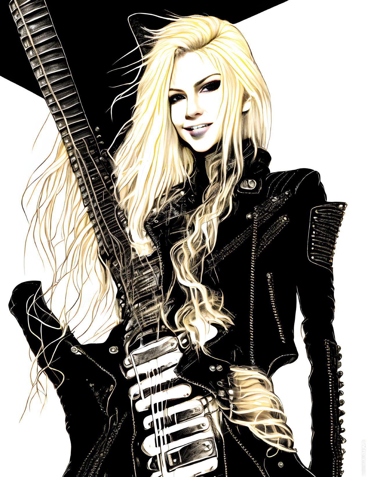 Blonde animated character with guitar in black leather outfit