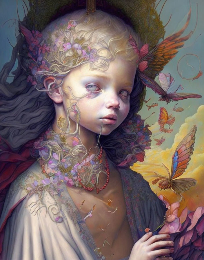 Surreal portrait featuring girl with floral and butterfly motifs