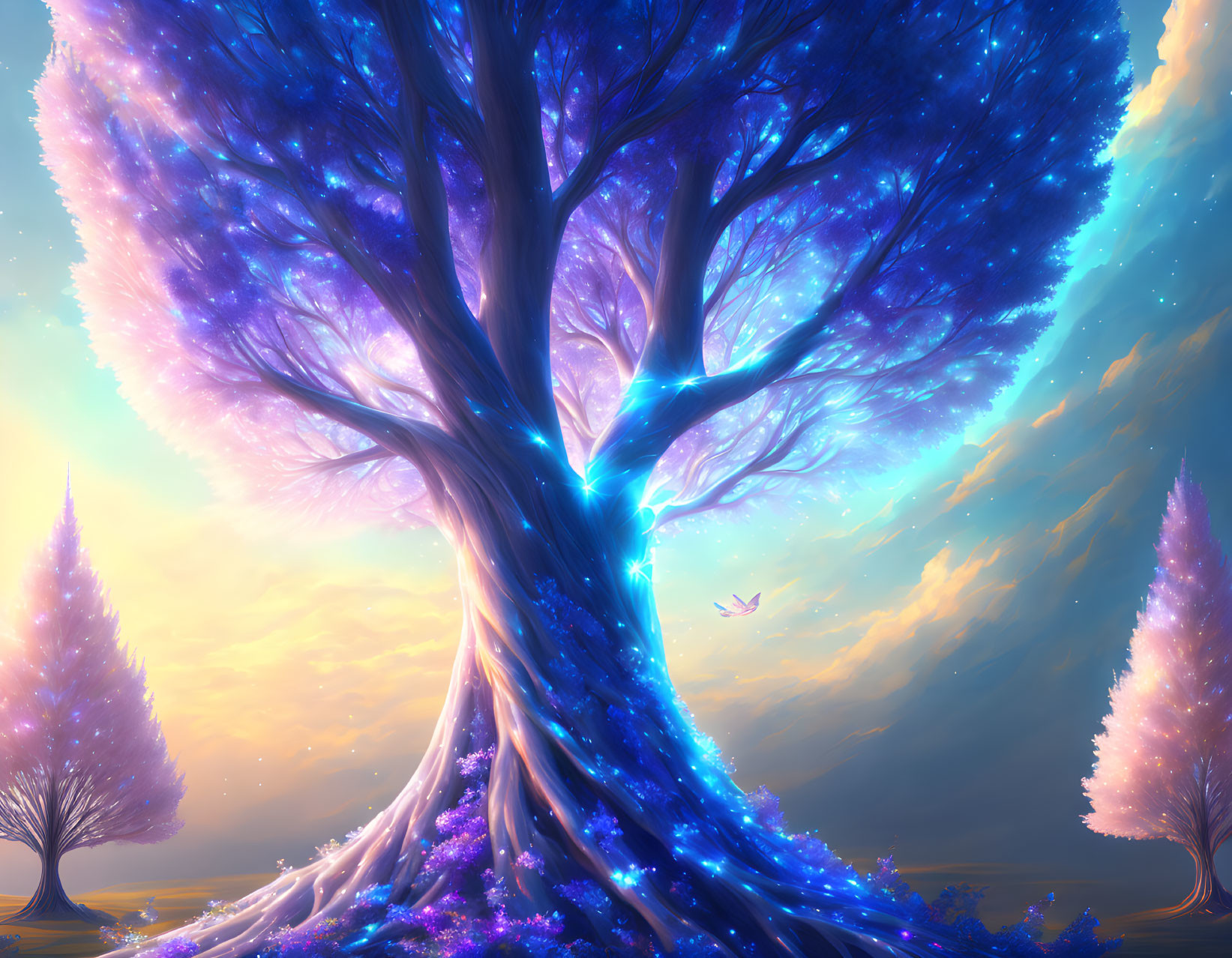 Colorful illustration: Magical tree with glowing blue and purple leaves under warm sunset sky