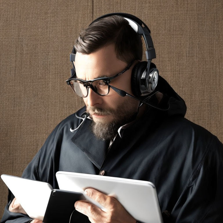 Bearded man in glasses with headphones using tablet device