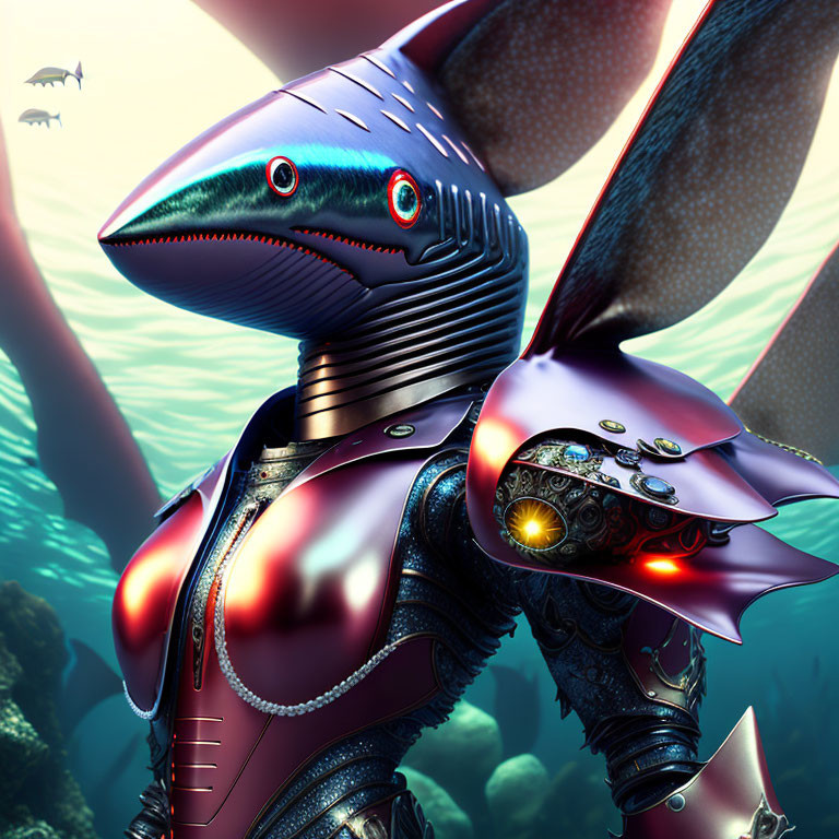 Futuristic humanoid shark character in digital art