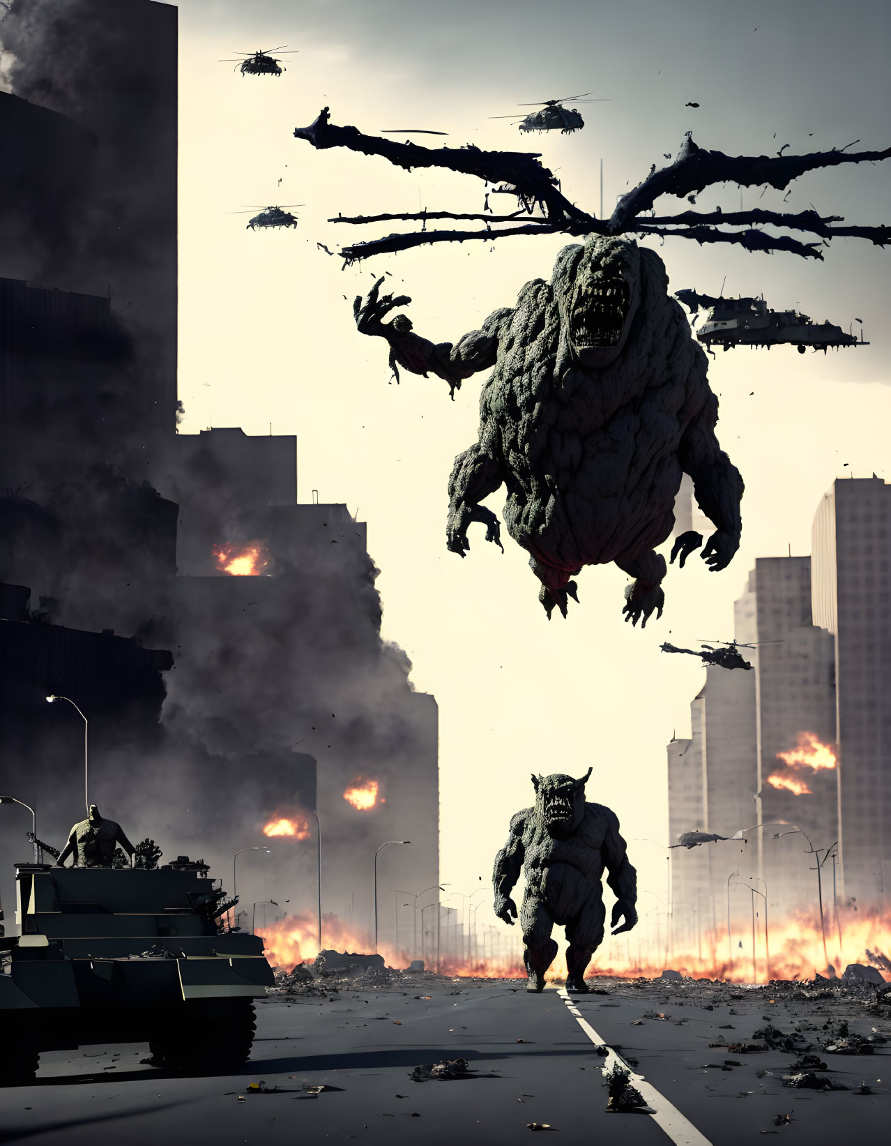 Post-apocalyptic scene: giant tree-like monsters, military vehicles, burning cityscape, flying crafts.