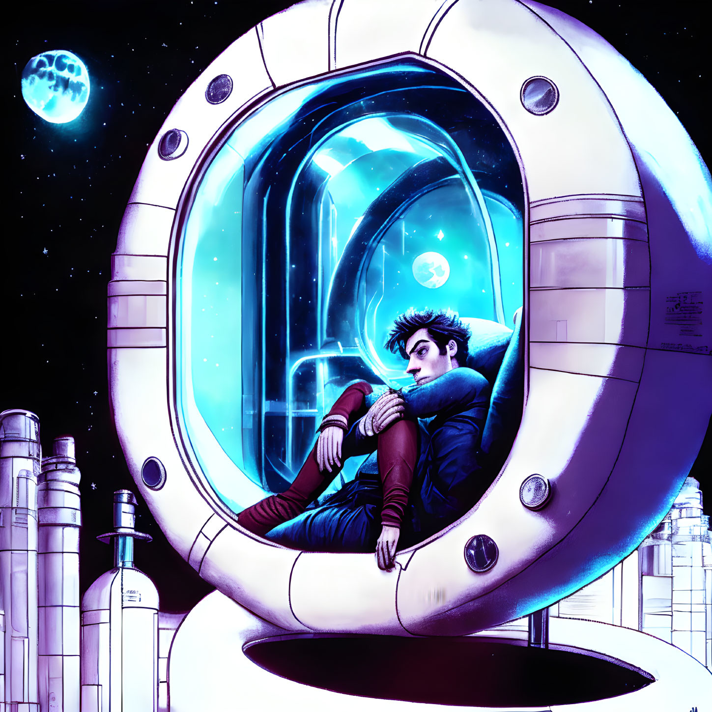 Person gazes at starry space through futuristic circular window