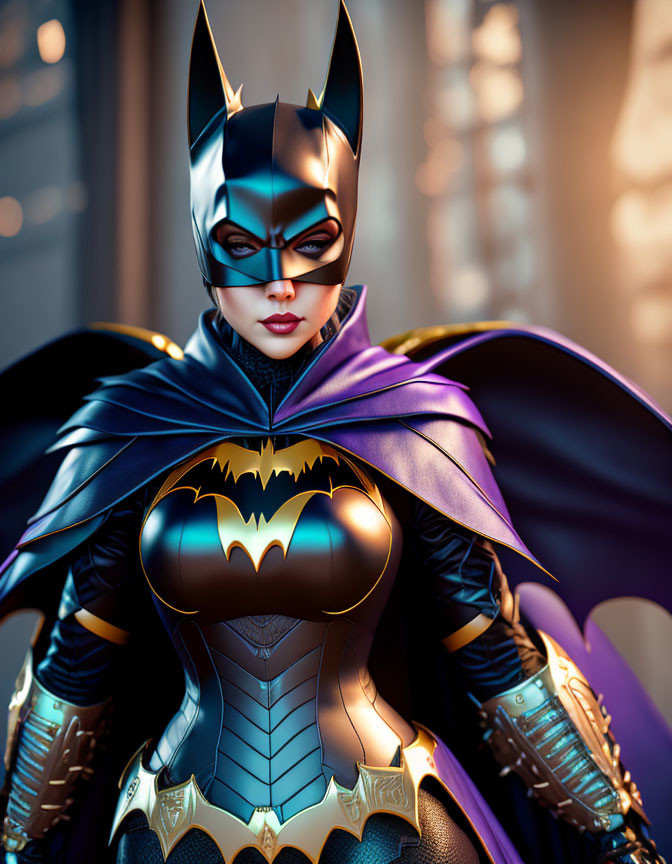 Elaborate Batgirl costume with cowl, cape, and bat emblem pose against soft background