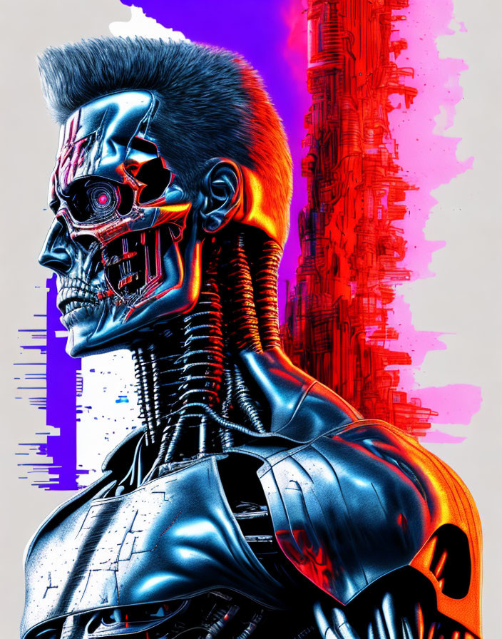 Cybernetic humanoid with skeletal face in futuristic armor on neon backdrop